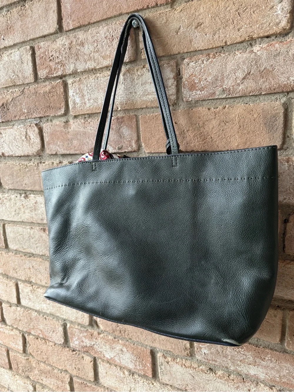 Tory Burch Dark Green Pebbled Leather Tote with Tassel and Scarf